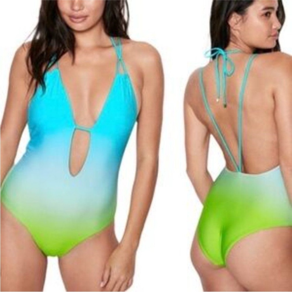 New Victoria's Secret Ombre One Piece‎ Swimsuit Halter Neck Small Aqua Green